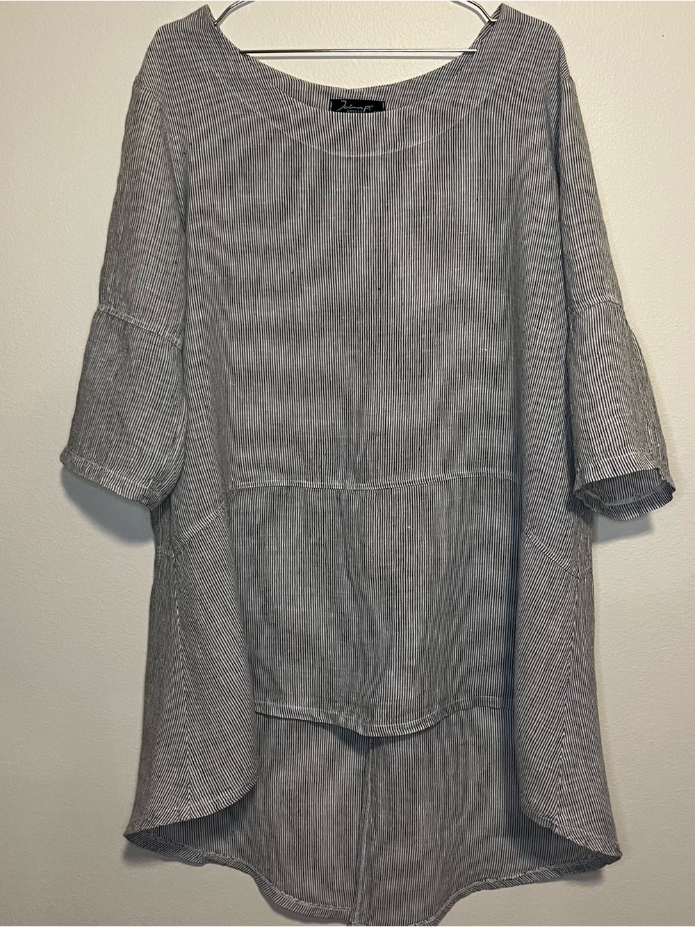 black & white stripe crisp linen coastal lagenlook tunic dress w/ quarter sleeve